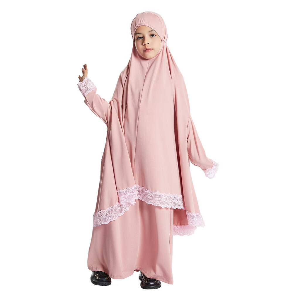 Two Piece Girls Kids Overhead Khimar Hijab Skirt Set Muslim Girls Prayer Dress