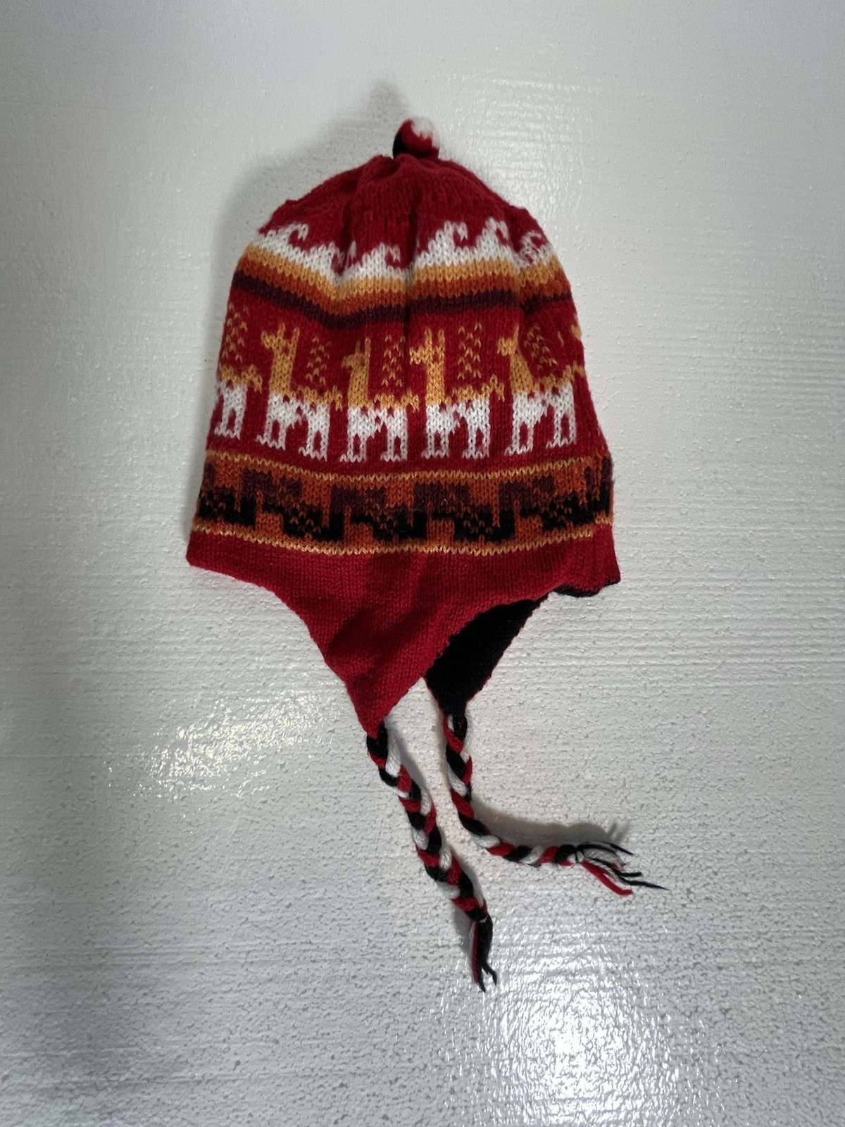 Handmade Peruvian Chullo Knit Hat Cusco Design Llama Motif Ear Flaps Acrylic