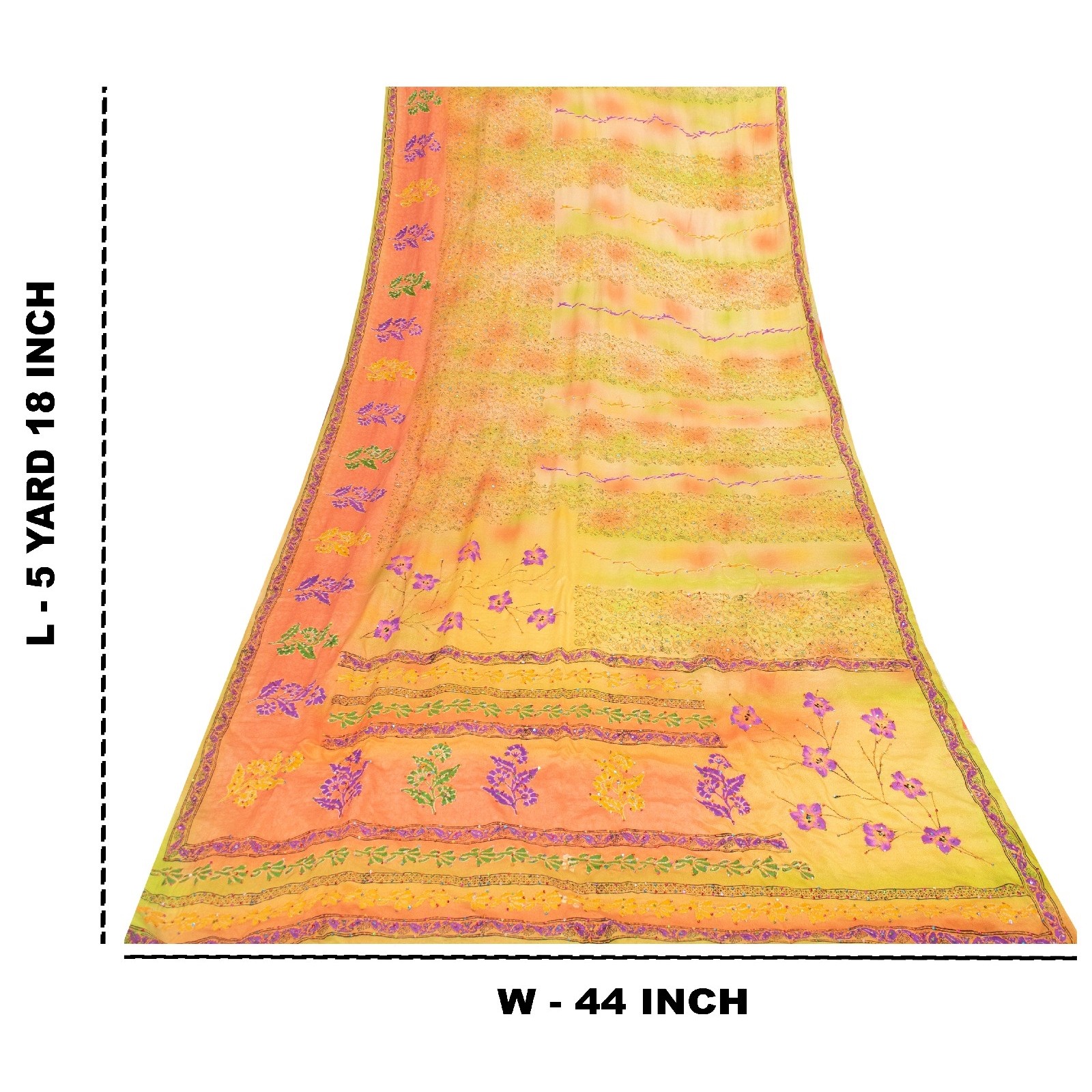 Sanskriti Vintage Saree Lemon Hand Embroidery Kantha Pure Crepe Print 5.5YD Sari