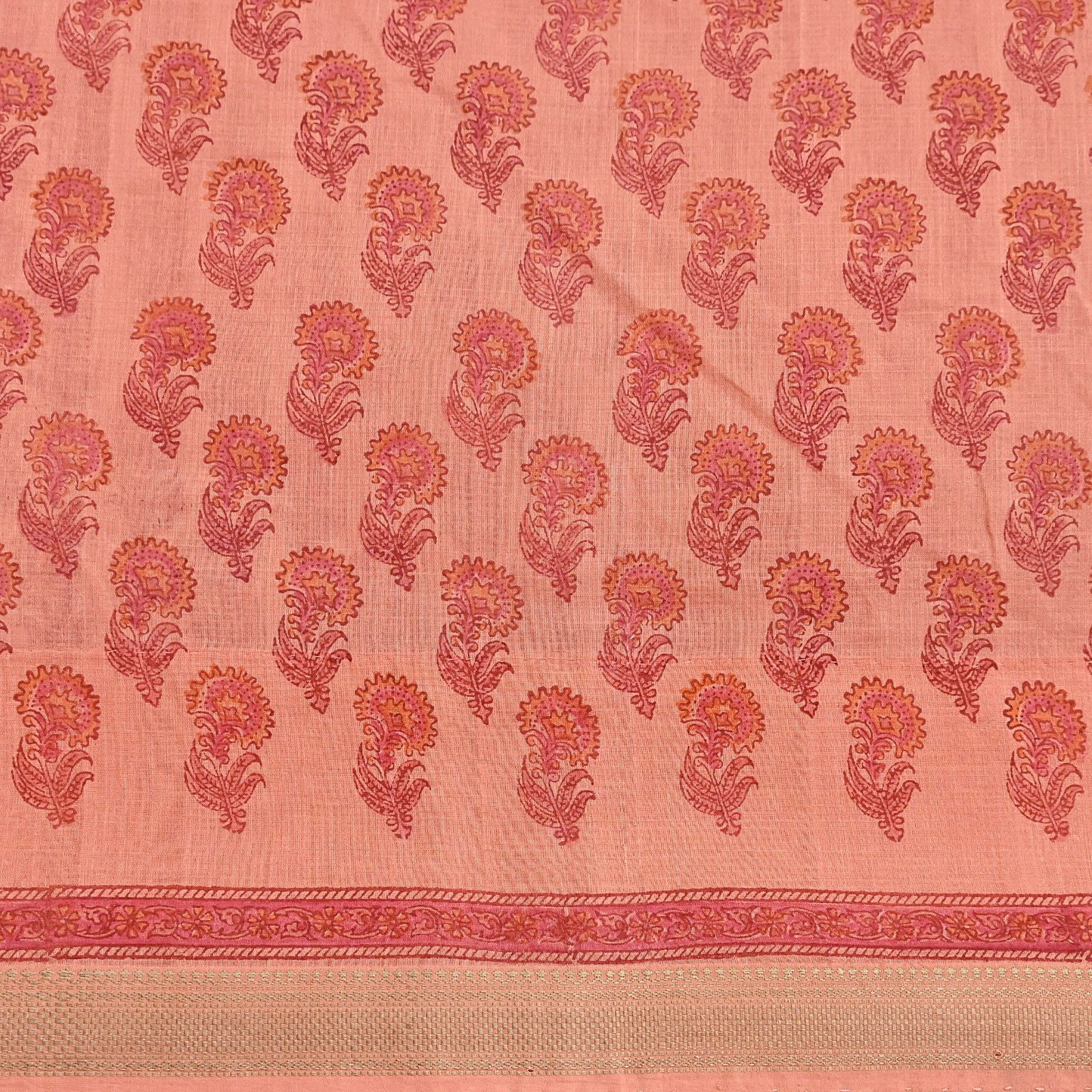 Indian Vintage Peach Block Printed Pure Chanderi Silk Saree Floral woven Border