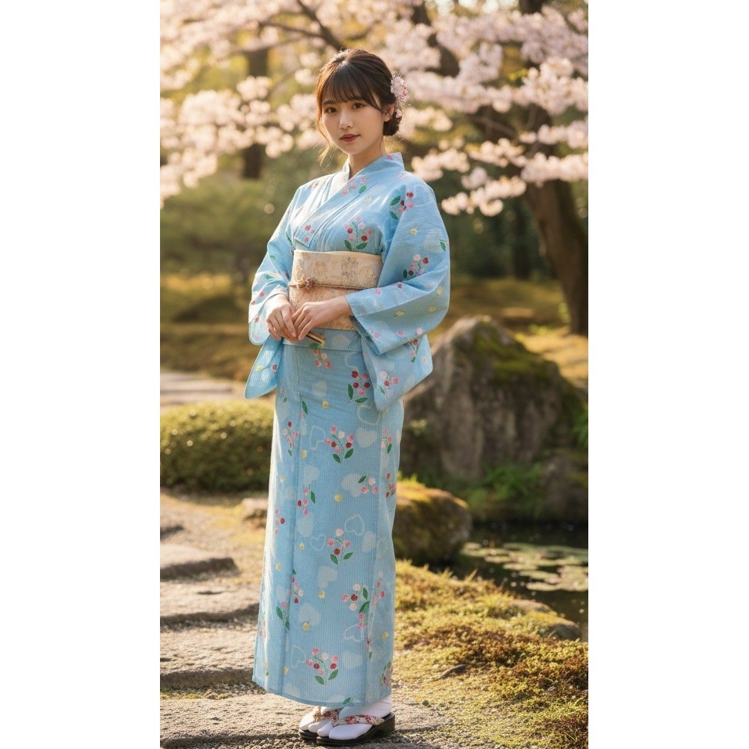 Vtg Japanese Yukata Kimono Robe Blue Floral Tulip Heart Print See Measurements