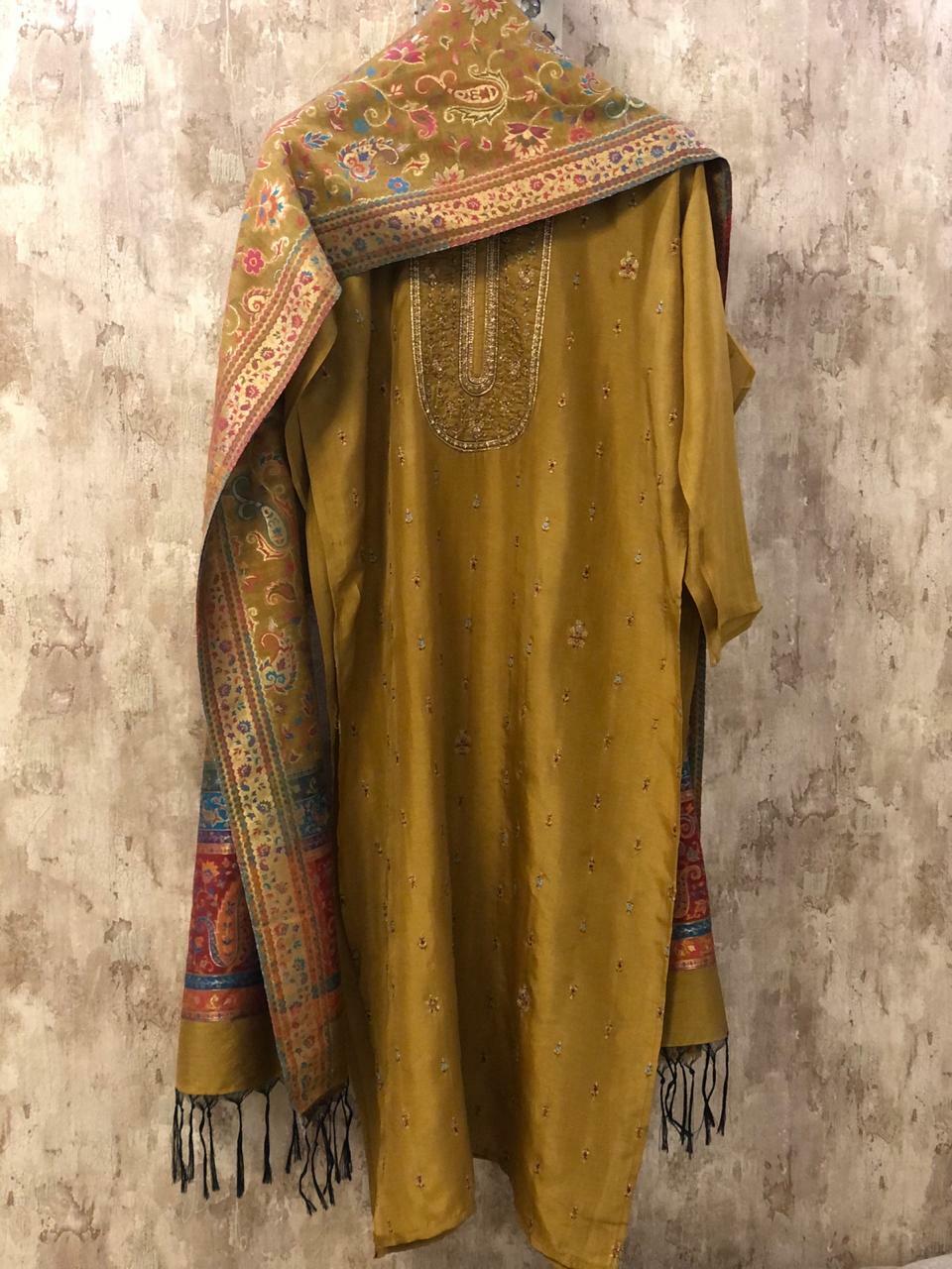 Mustard Yellow Embroidered Silk Dress Material with Pure Silk Jacquard Dupatta