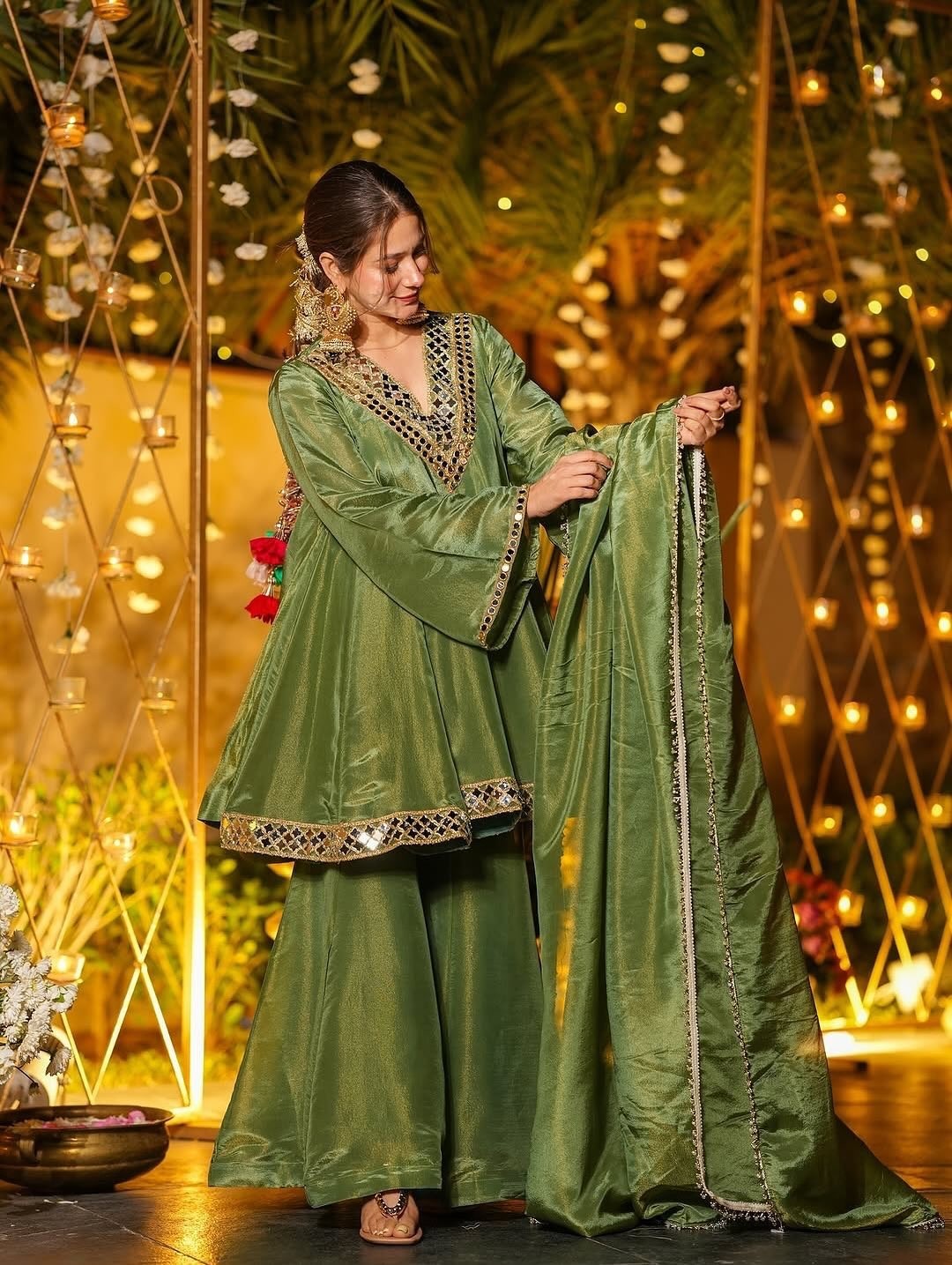 MAHENDI SPECIAL REAL MIRROR WORK ON SILK FABRIC TOP AND PLAZZO WITH DUPATTA SET