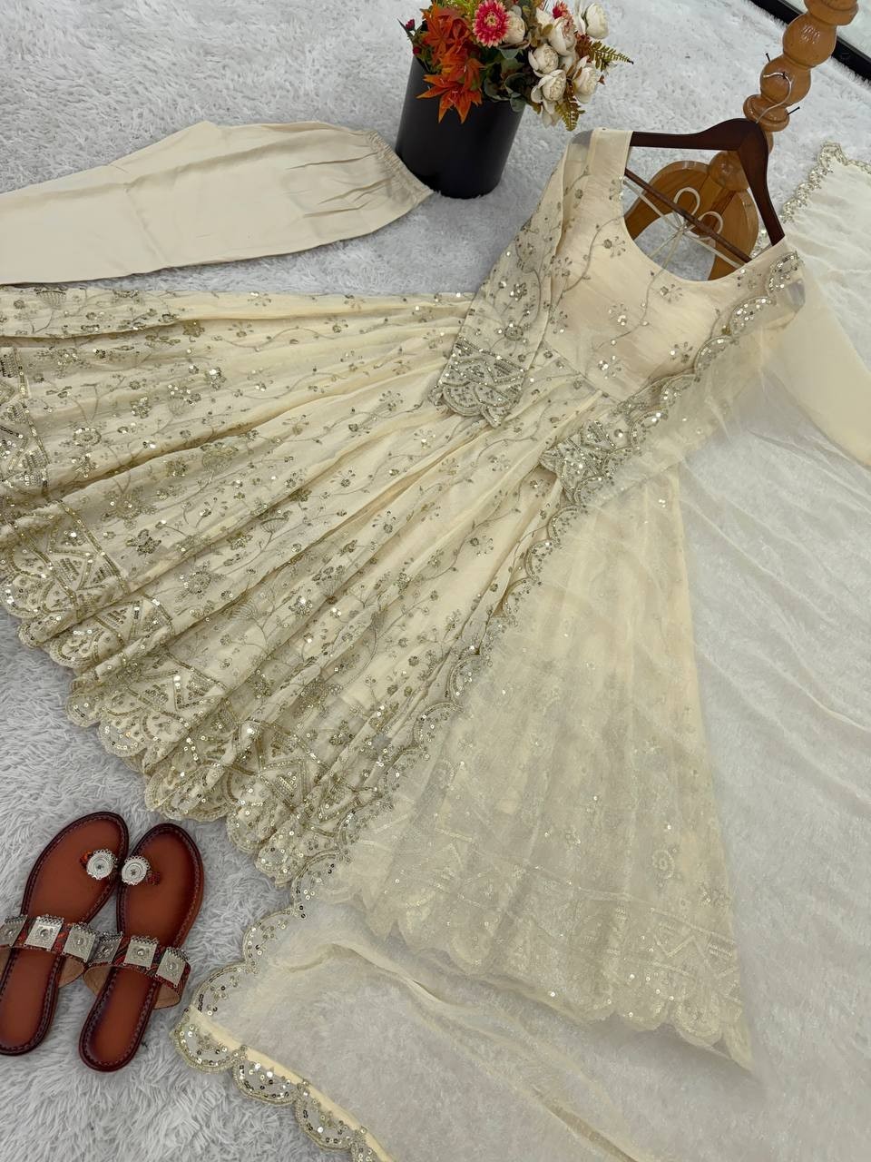 New Presenting Crunch Silk Cream Gown Bottom With Dupatta For Wedding Wear