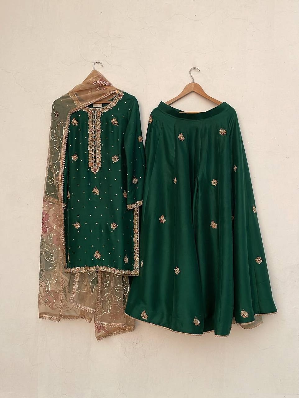 New Exclusive Green Chinon Kurta Palazzo With Organza Dupatta For Women