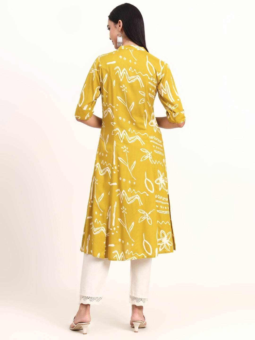 Oversized Mustard Side Slits Abstract Rayon A-Line Kurta Women Ethnic Indian