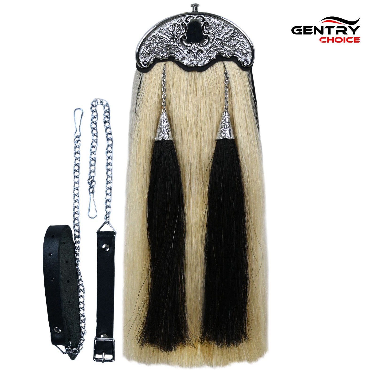 Traditional Real Horse Hair Sporran White with Black Tassels Highlander Sporran