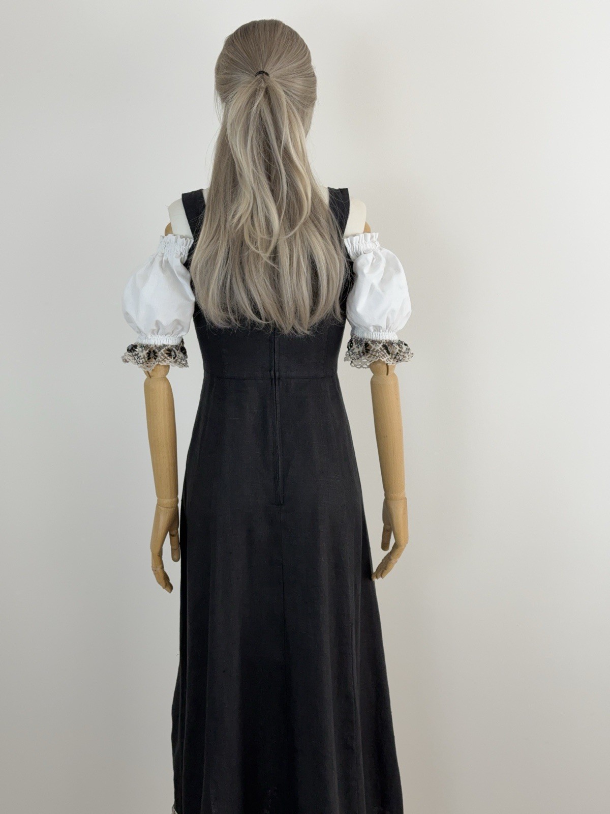 Fuchs Trachtenmoden Octoberfest Folk Linen Dirndl Dress Black Beige Lace 34/XS