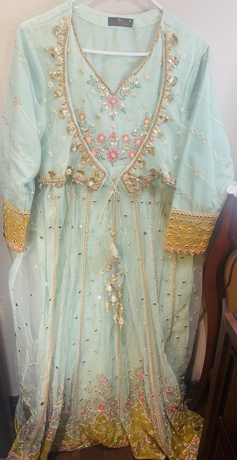 Embroidered Net Pakistani Salwar Kameez Light Blue Gold Pink Women Dupatta
