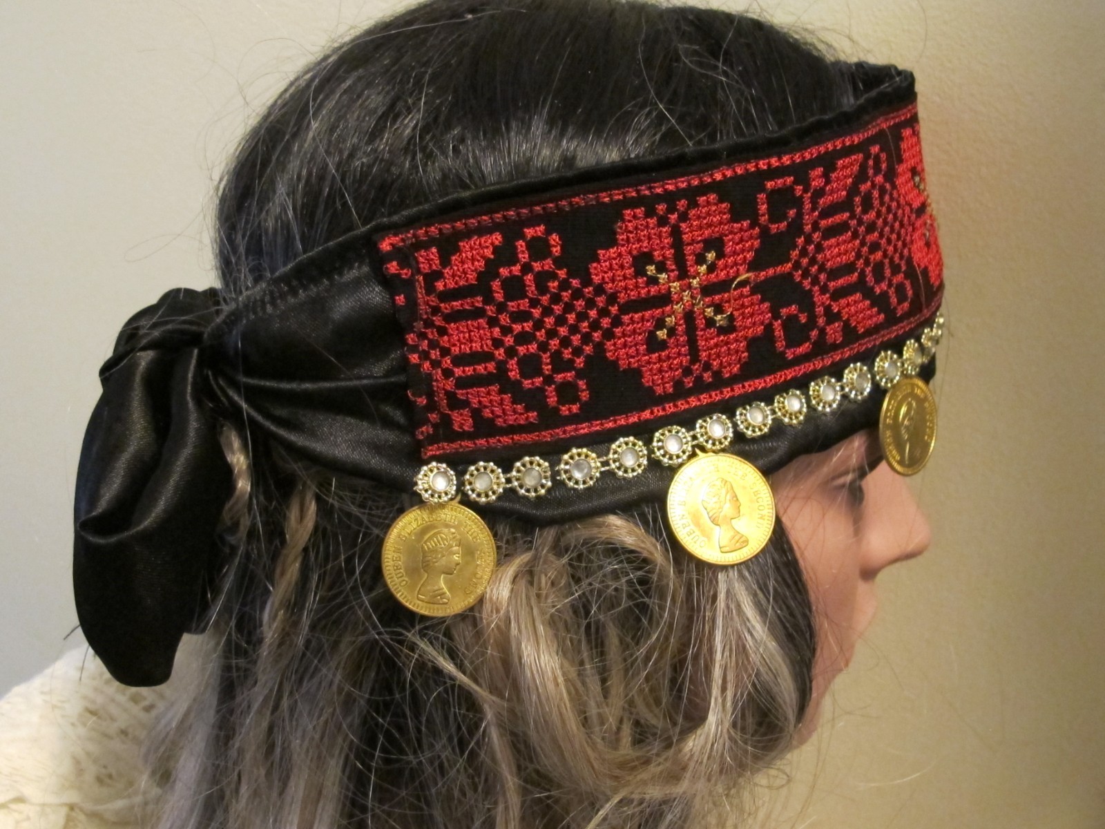 Palestinian Red Black Embroidered Headband on Satin with gold coins