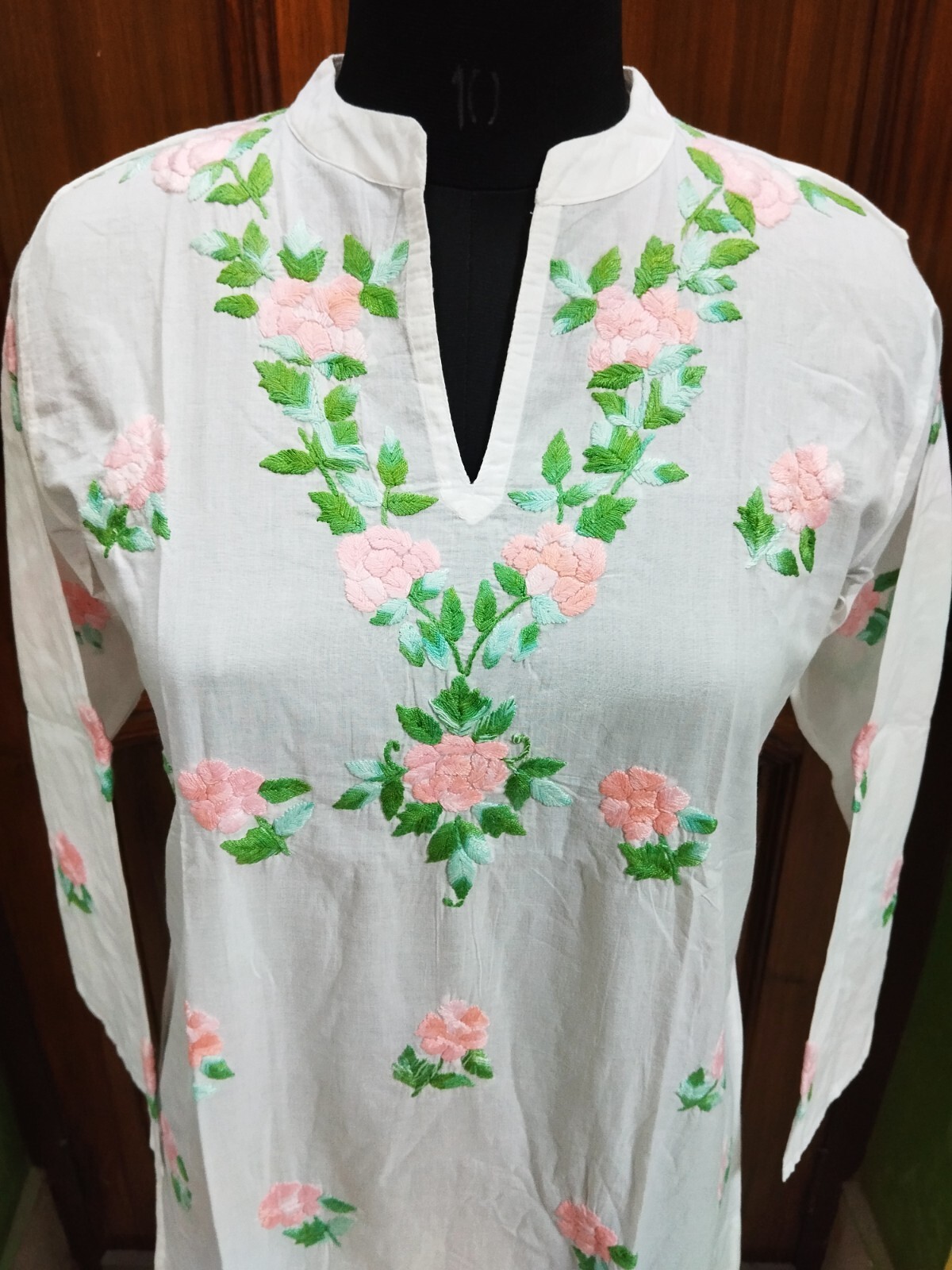 LONG M 40″ L 42″ TUNIC CHIKAN EMBROIDERY 100% COTTON HANDMADE KURTA TOP KURTI