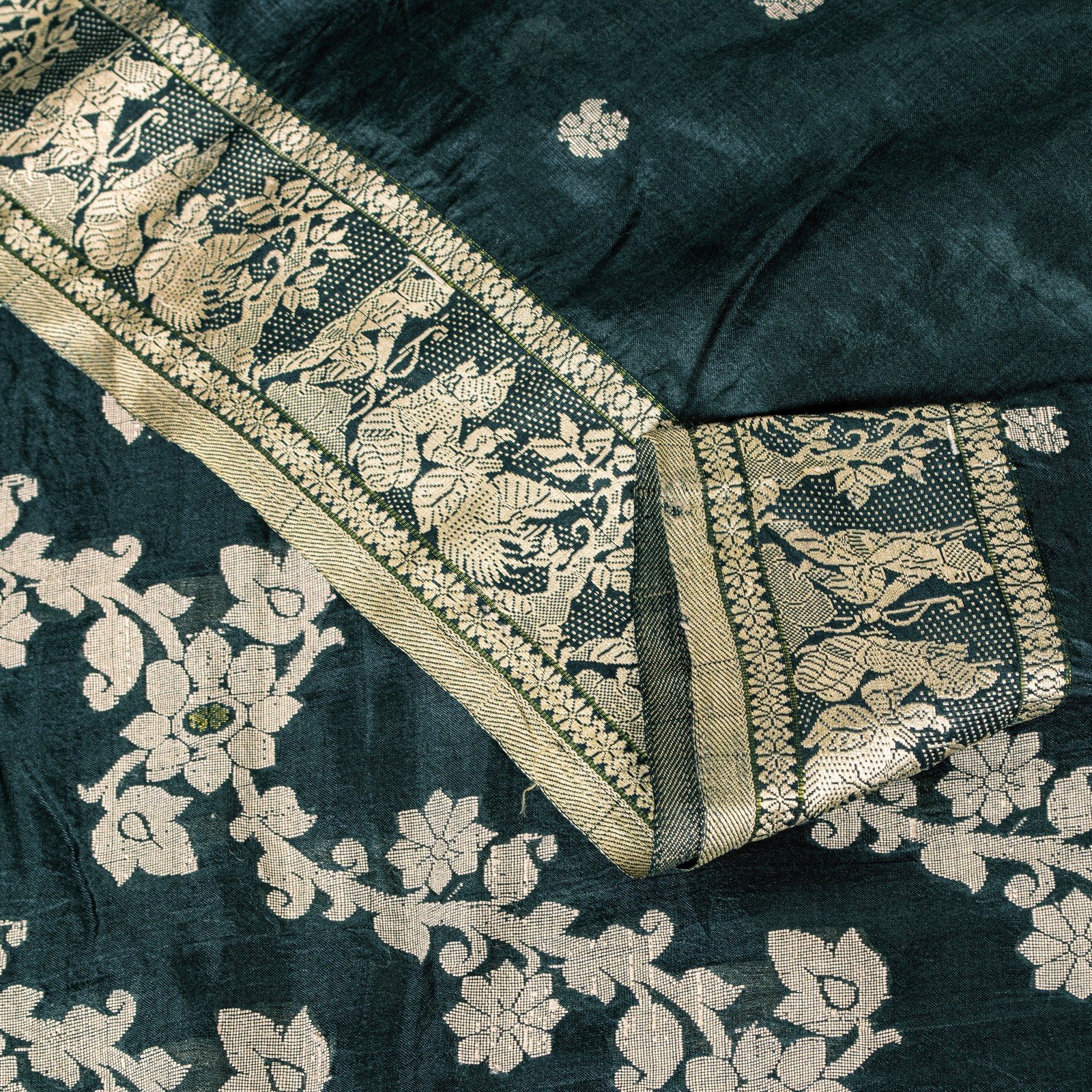 Sanskriti Vintage Green Pure Silk Saree Hand Woven Sari West Bengal 6+Yd Fabric