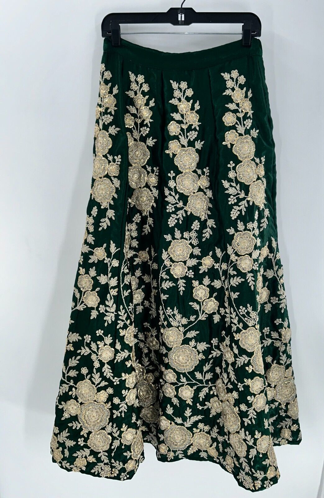 Women’s Green Gold Satin Embroidered Indian Skirt With Beaded Drawstring