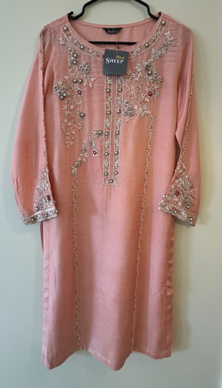 Sheep Peach Raw Silk Embroidered Shalwar Kameez – Size 14
