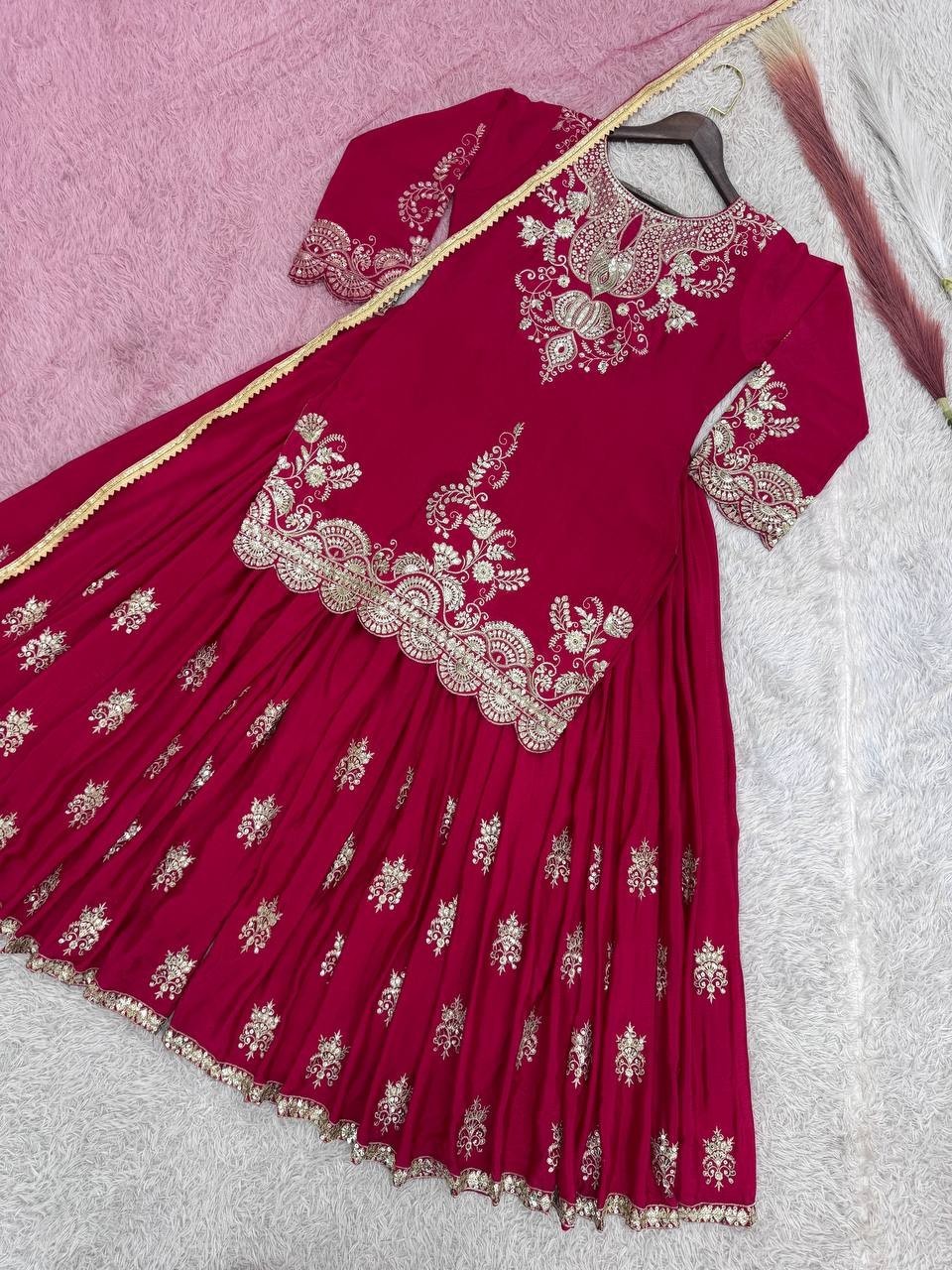 Fashionable Pure Chinon Silk Pink Top Palazzo And Dupatta For Festival