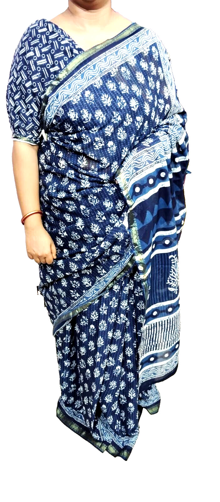 Indigo 100% cotton mulmul hand block jari border saee with unstitched 1