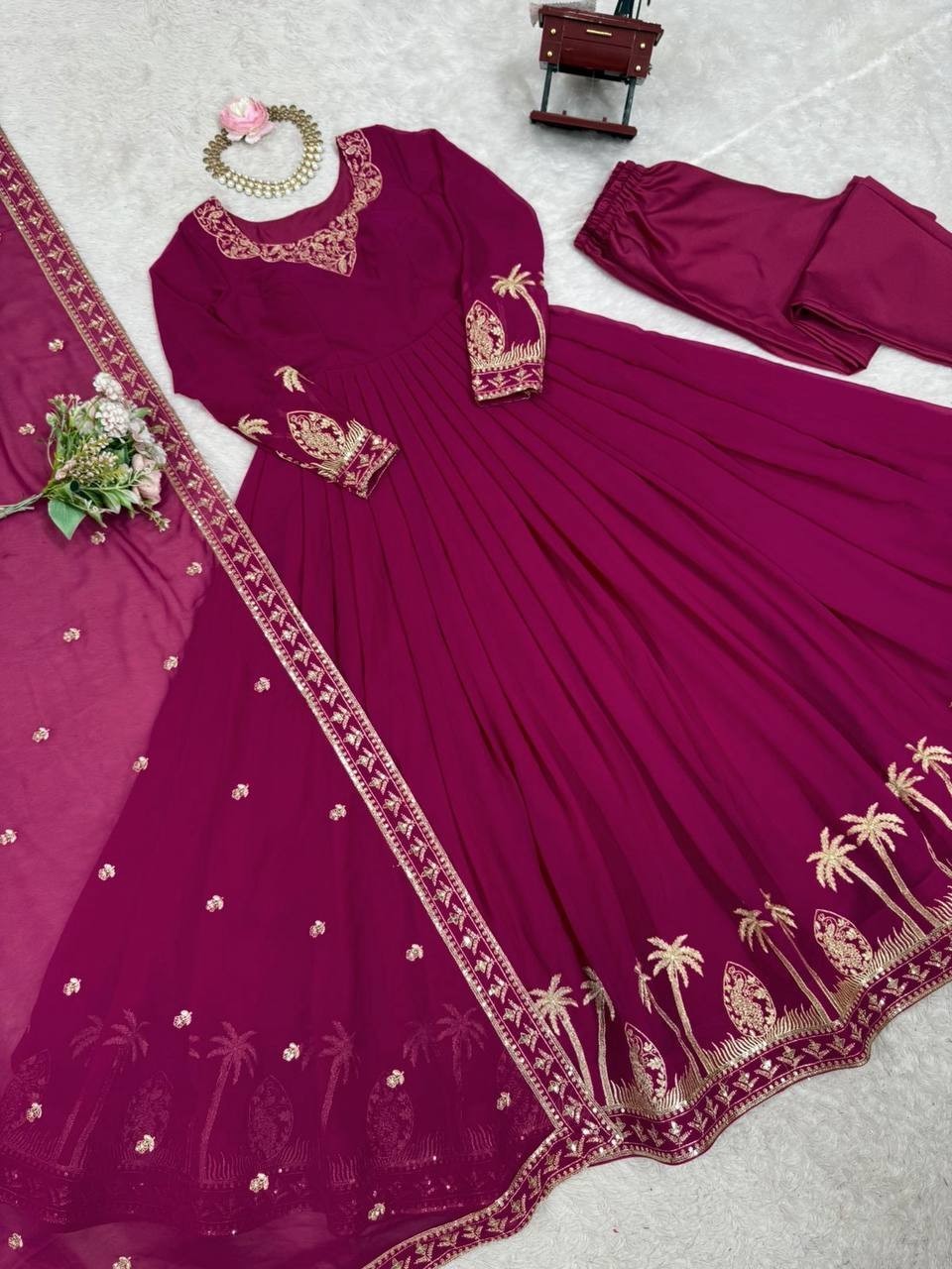 New Presenting Faux Georgette Pink Gown Bottom With Dupatta For Ethnic Wear