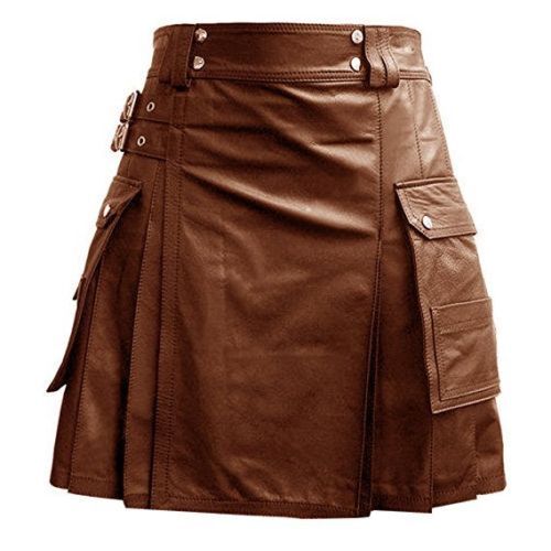 Men’s Real Vintage Leather Kilt Cargo Pockets Pleated Kilt Utility Clubwear Kilt