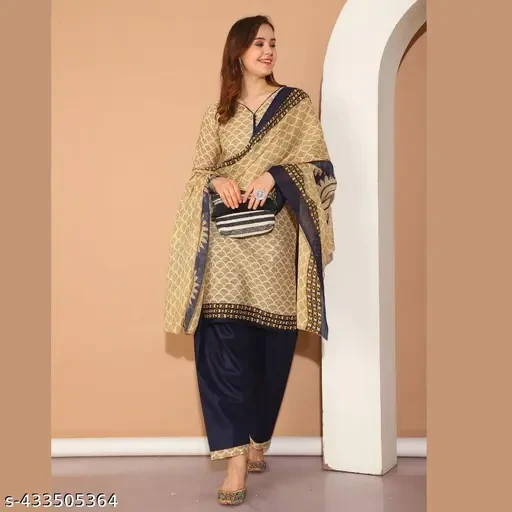 Women’s Beige Cotton Printed Ready to Wear Salwar Suit