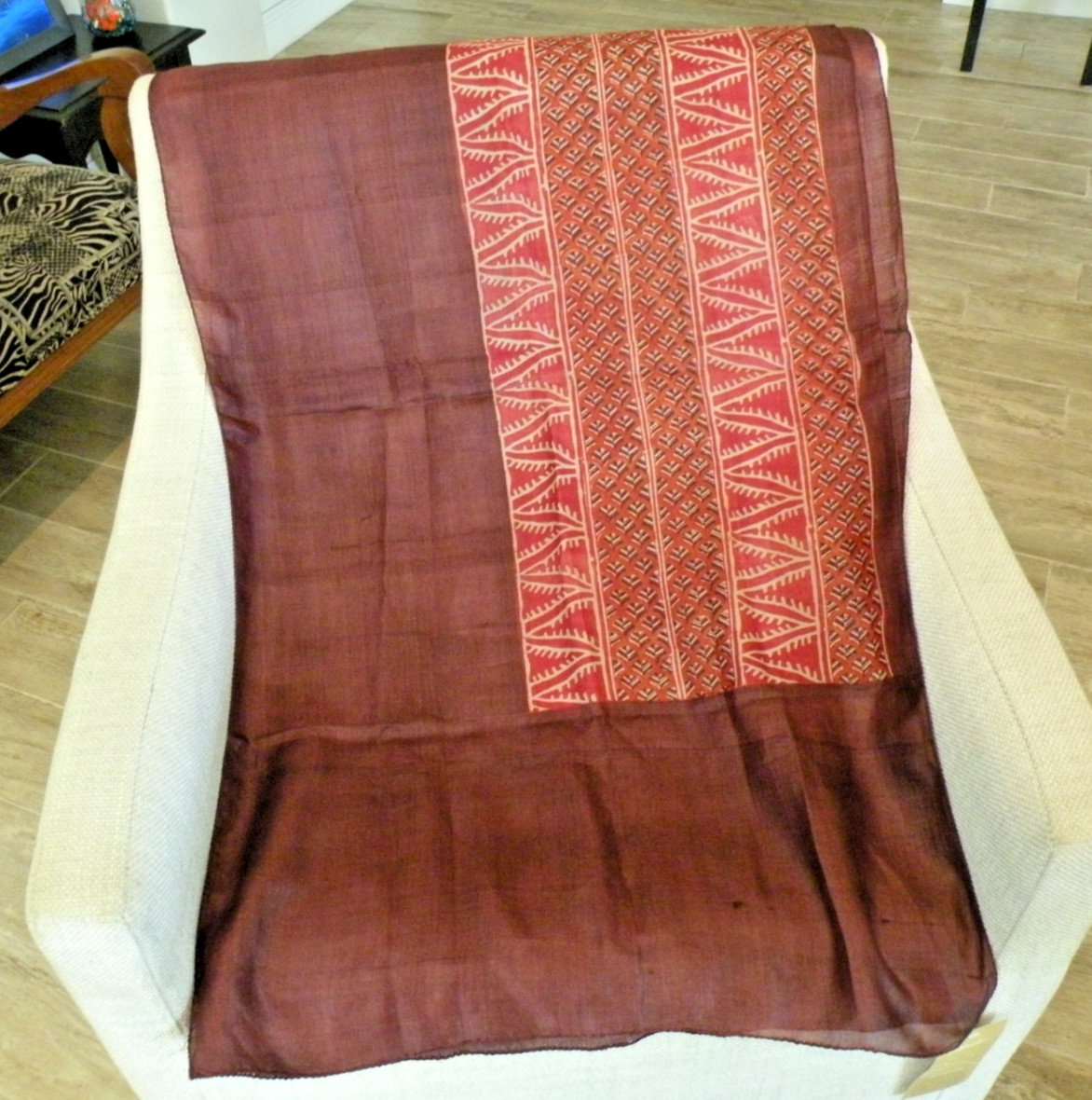 Original Fabindia Hand Block Print Ethnic Scarf in Rust and Brown Fabric