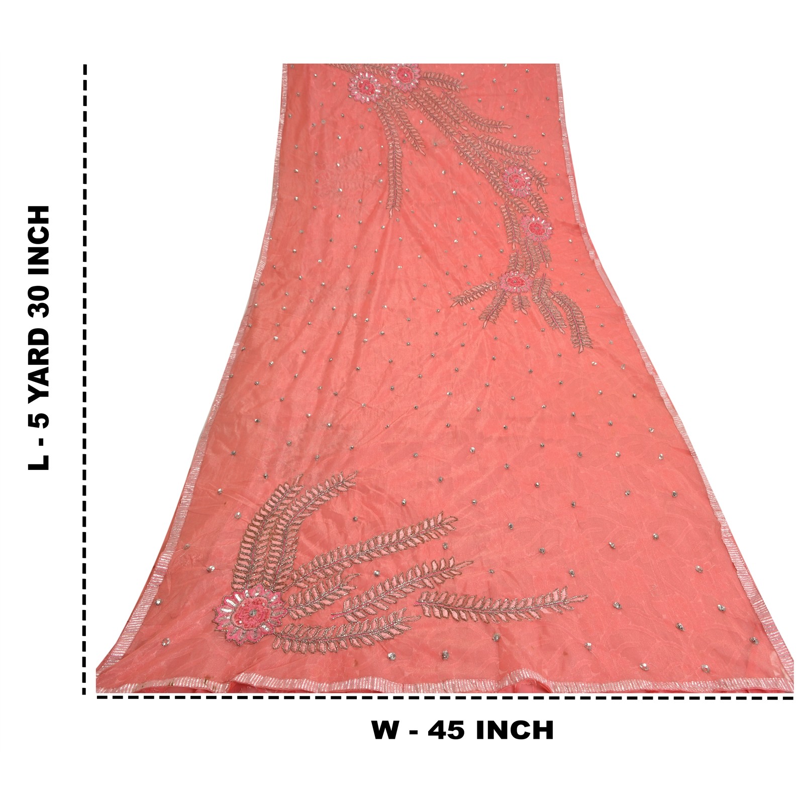 Sanskriti Vintage Pink Indian Sarees Net Mesh Hand Beaded Ethnic Sari Fabric
