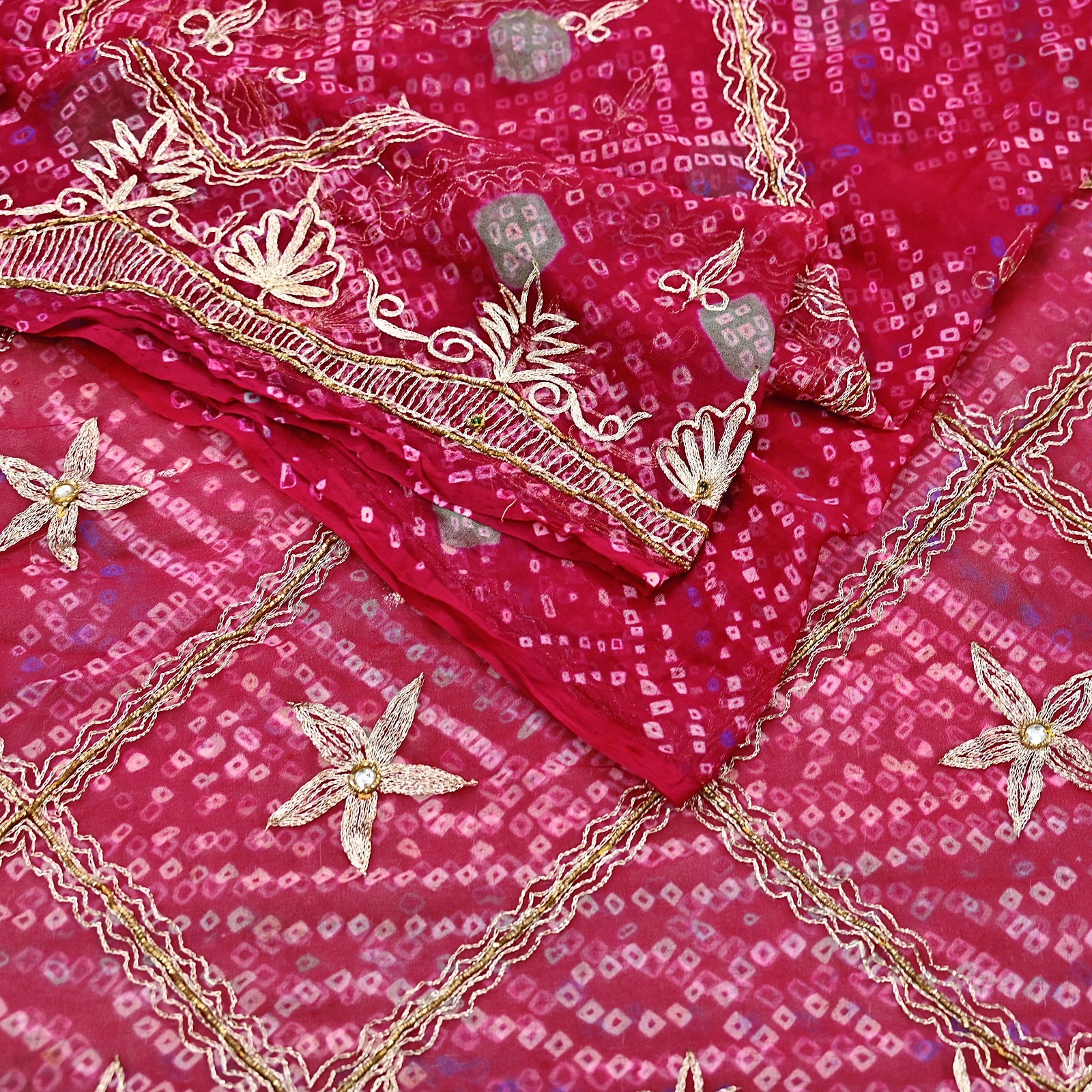 Indian Vintage Pink Saree Hand Embroidered Bandhani Printed Sari Pure Georgette