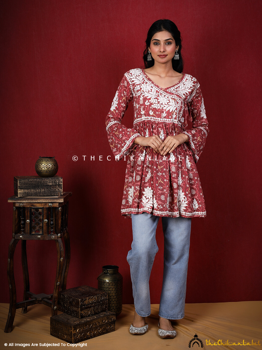 Red Mulmul Cotton Chikankari Angrakha Top Lucknow Chikankari Handmade Tunic Top