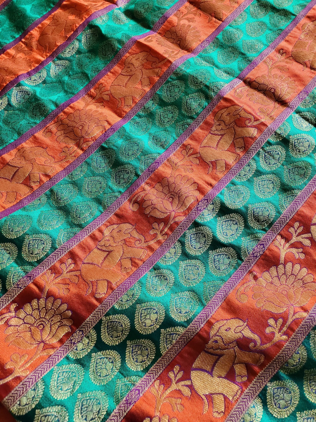 Authentic Pure Silk Dharmavaram Pure Silk Saree Horizontal Panels Green Orange