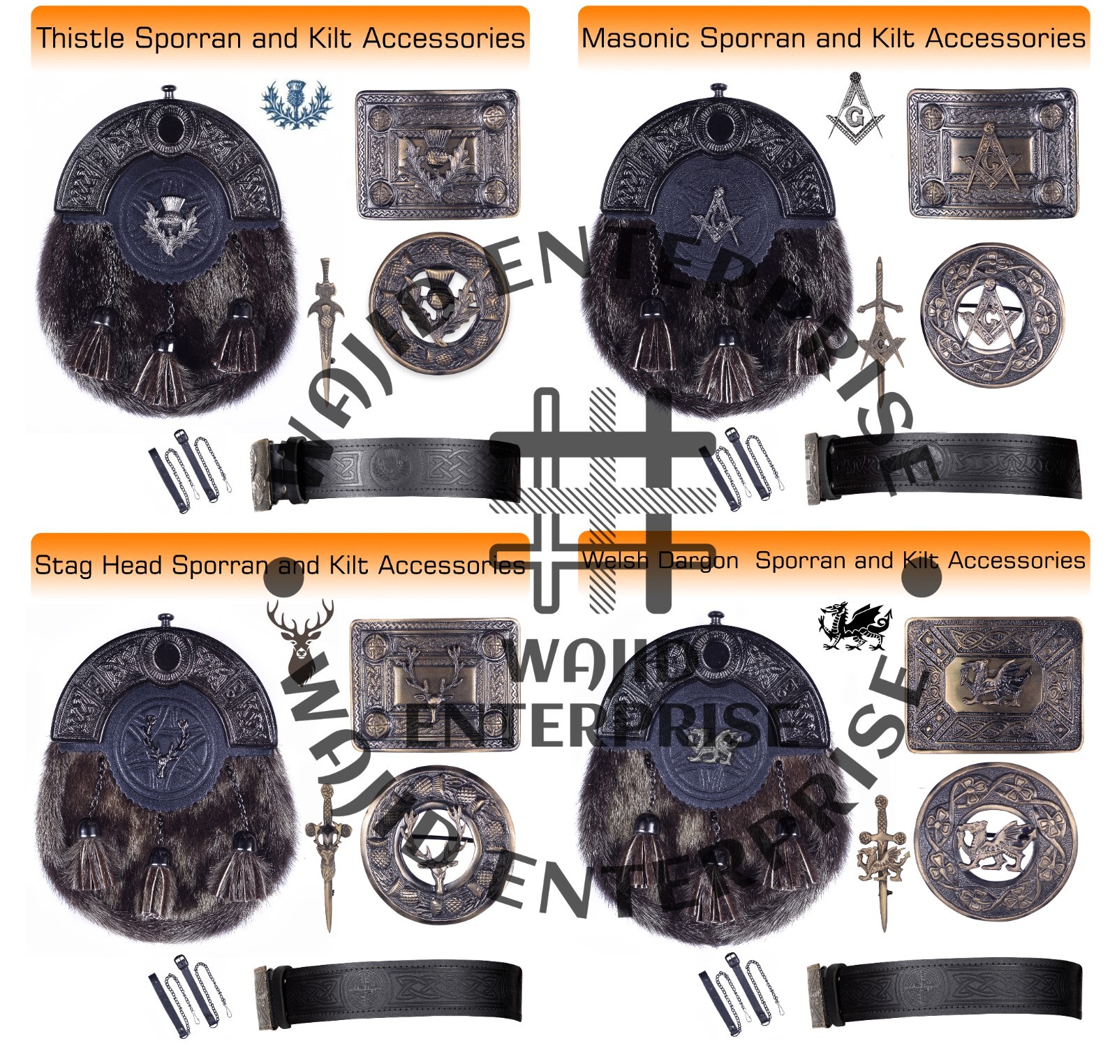 Mens Scottish Kilt Seal Skin Sporran & Kilt Accessories Brooch Pin Belt & Buckle