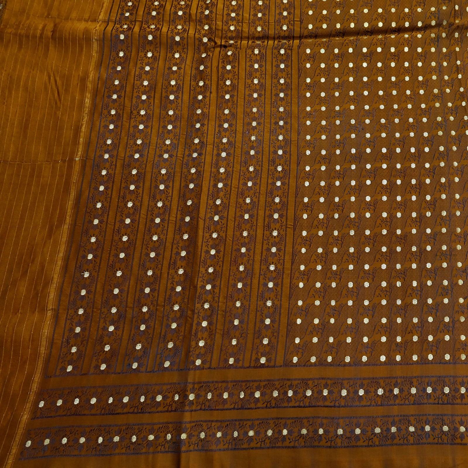 Vintage Sari Golden Brown Heavy Pure Satin Silk Woven Banarasi Tanchoi Saree 5Yd