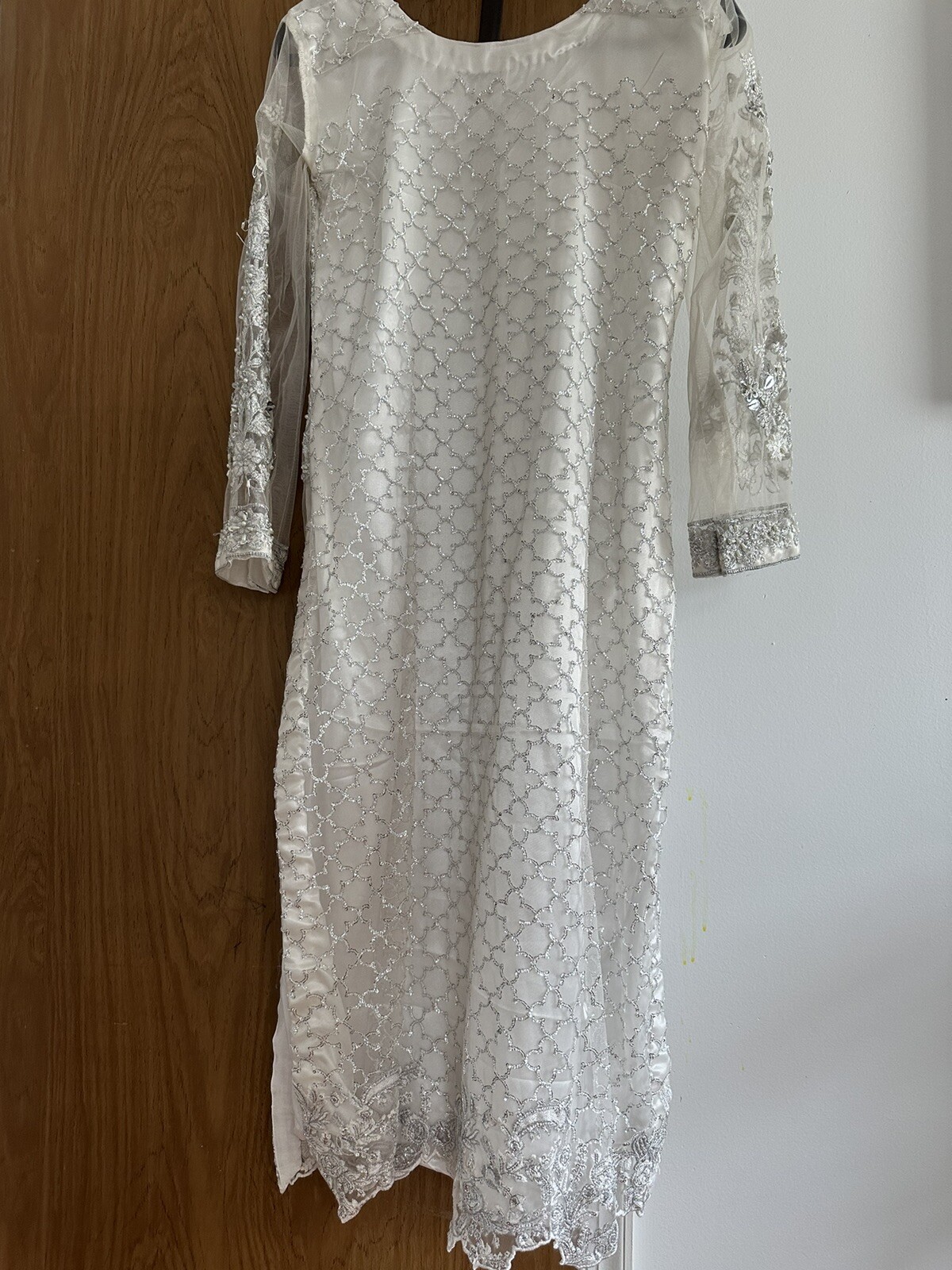 White Blush Pearl Sequence Pakistani Indian Bangladeshi Party Dress Size S
