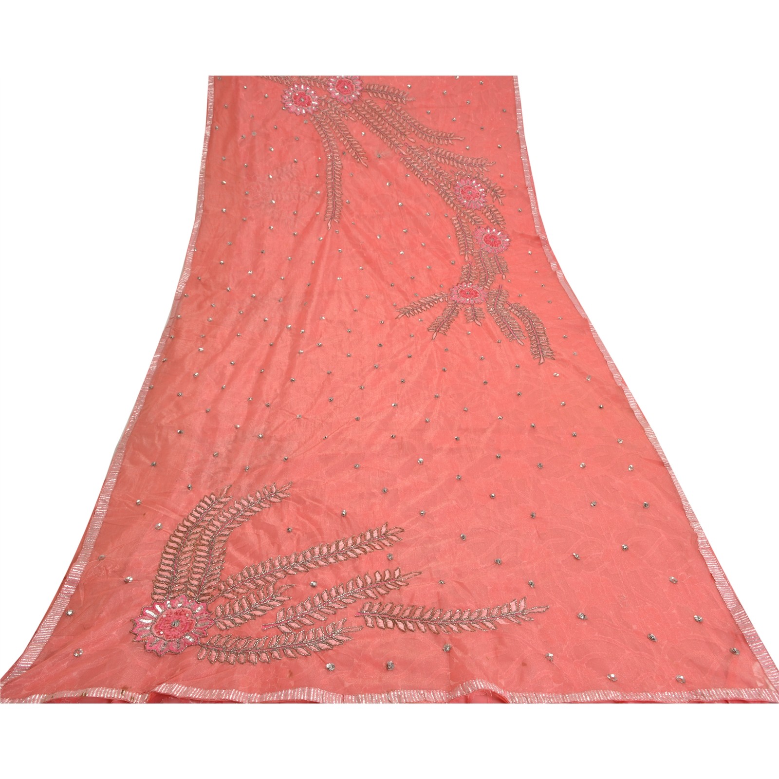 Sanskriti Vintage Pink Indian Sarees Net Mesh Hand Beaded Ethnic Sari Fabric