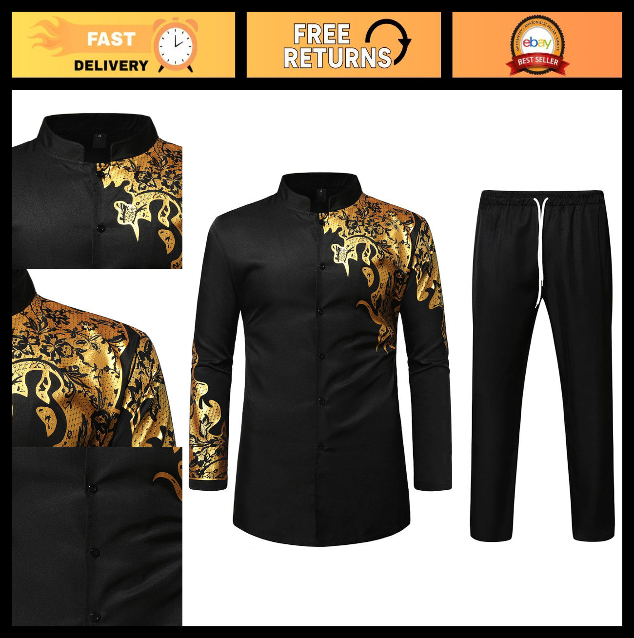 Men’s Kente Print Suit Set | Long Sleeve Dashiki Shirt & Pants | Ethnic 2-Piece