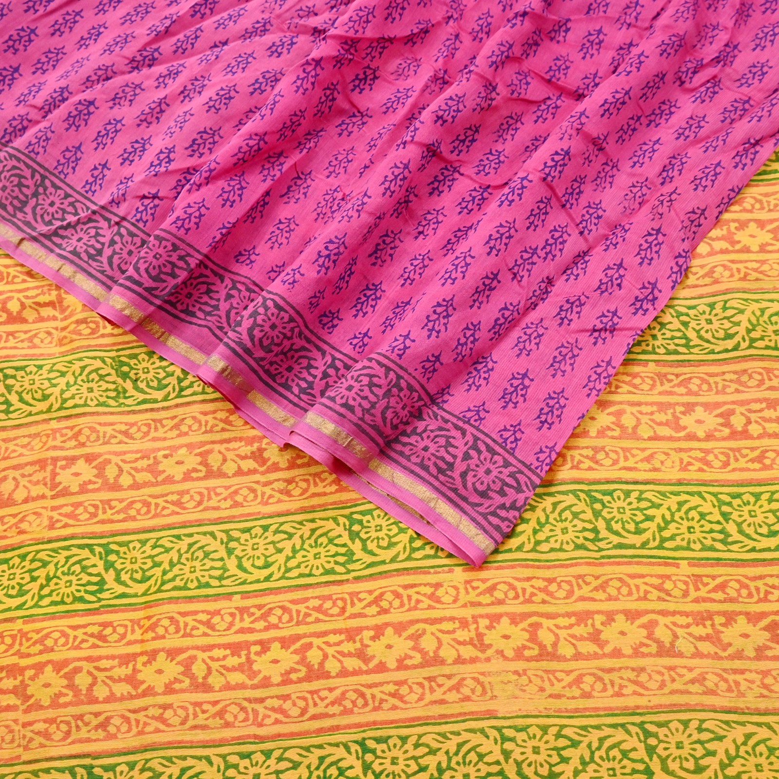 Indian Vintage Sari Pink Block Printed Sari Pure chanderi Silk Saree Fabric 5Yd