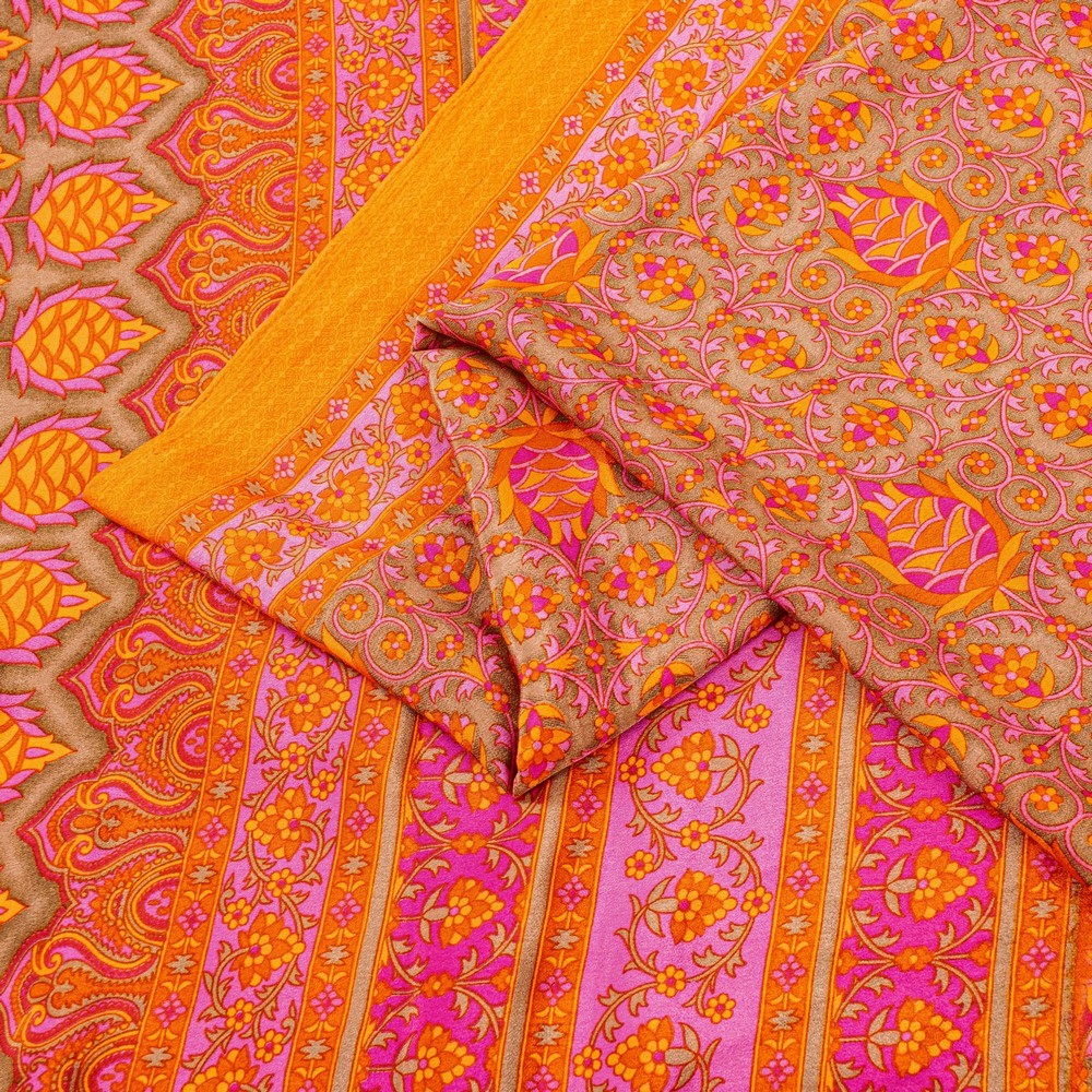 Sanskriti Vintage Sarees Craft Orange & Pink Floral Print 5+Yd Moss Crepe Sari