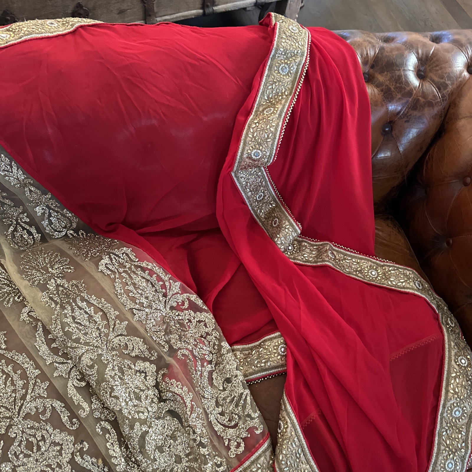 Beautiful Handmade Stamped Rekha Red & Gold Saree With Intricate Embroidery