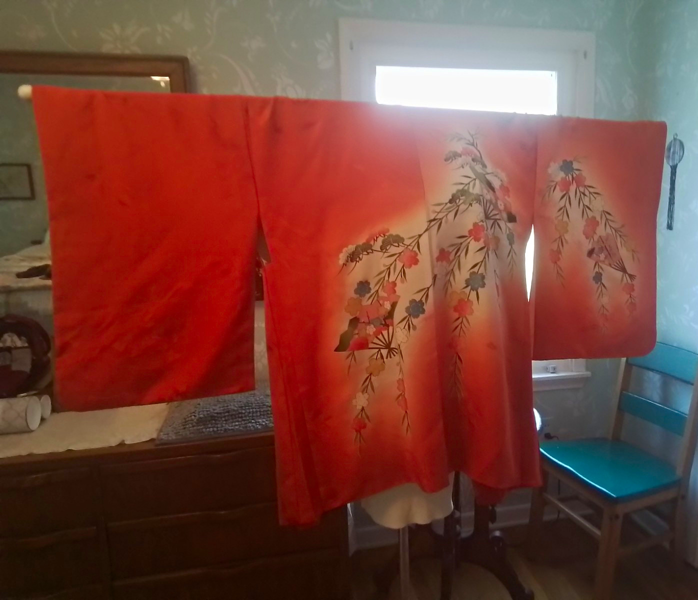 Handmade Silk Satin Haori Kimono Jacket, Orange Floral Fan Design, One Size