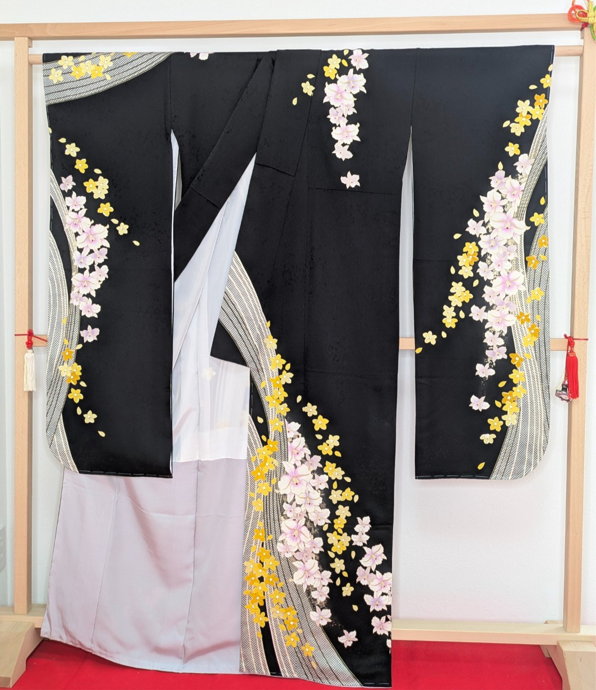 Japanese Kimono Silk Furisode Black Yellow & Purple Flowers Vertical Waves Art