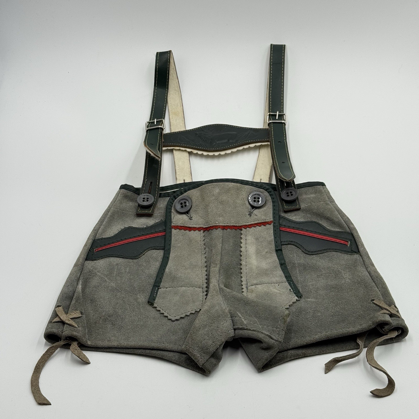 Lederhosen German Leather Suede Vintage Childs Green Grey Shorts Breeches