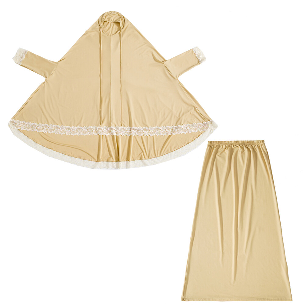 Two Piece Girls Kids Overhead Khimar Hijab Skirt Set Muslim Girls Prayer Dress