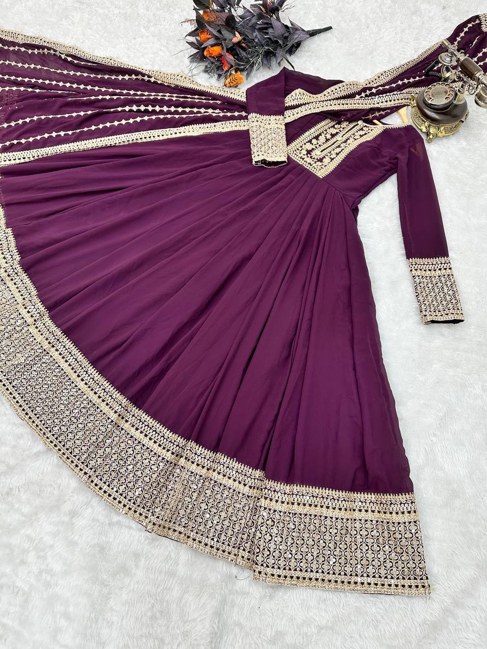 Ethnic Wear Wine Faux Georgette Gown With Dupatta For Women & Girls