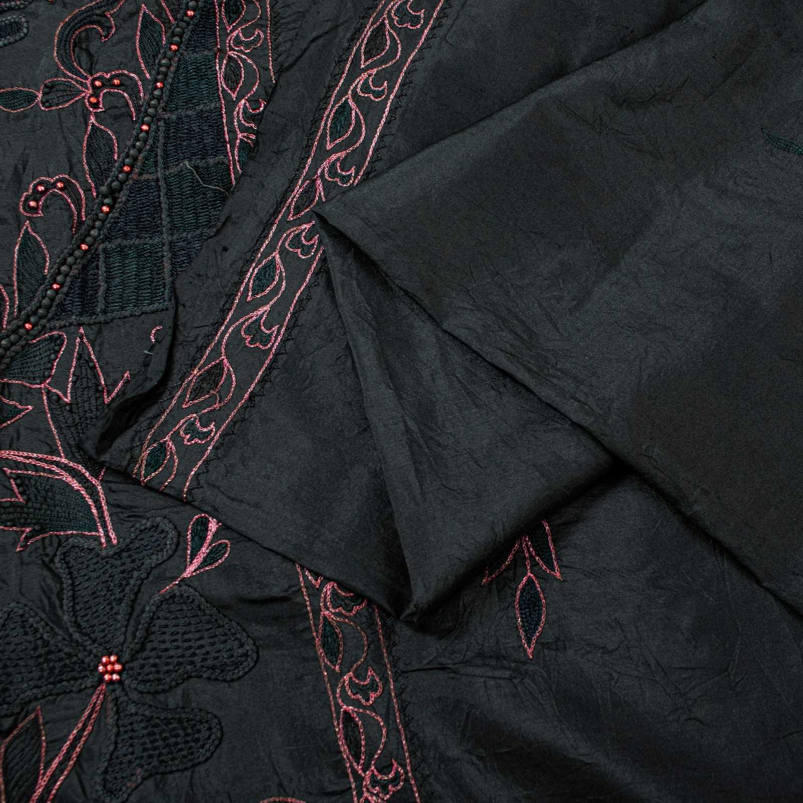 Sanskriti Vintage Black Pure Silk Saree Peacock Embroidery Beaded 5.5+Yd Fabric