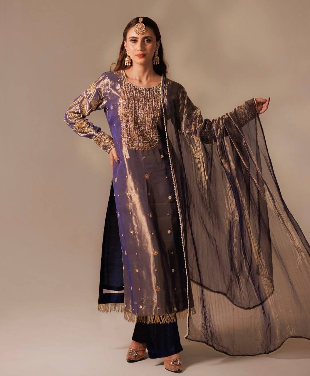 Presenting Roman Shimmer Purple Salwar Kameez With Dupatta For Ethnic Wear