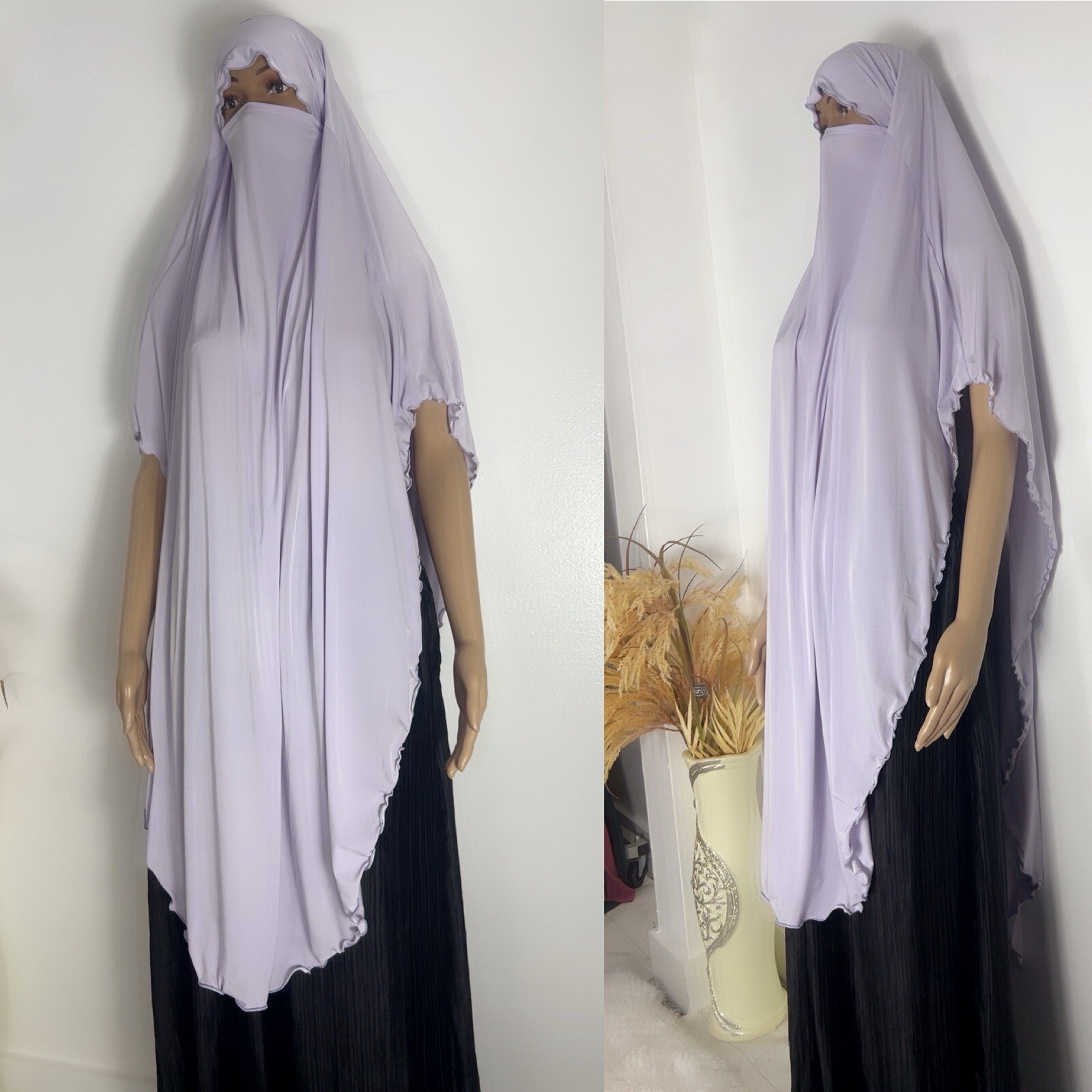 Long Cape Lilac Hijab Niqab Short Shoulders Curled Borders Tie Back Lycra Fre Sz