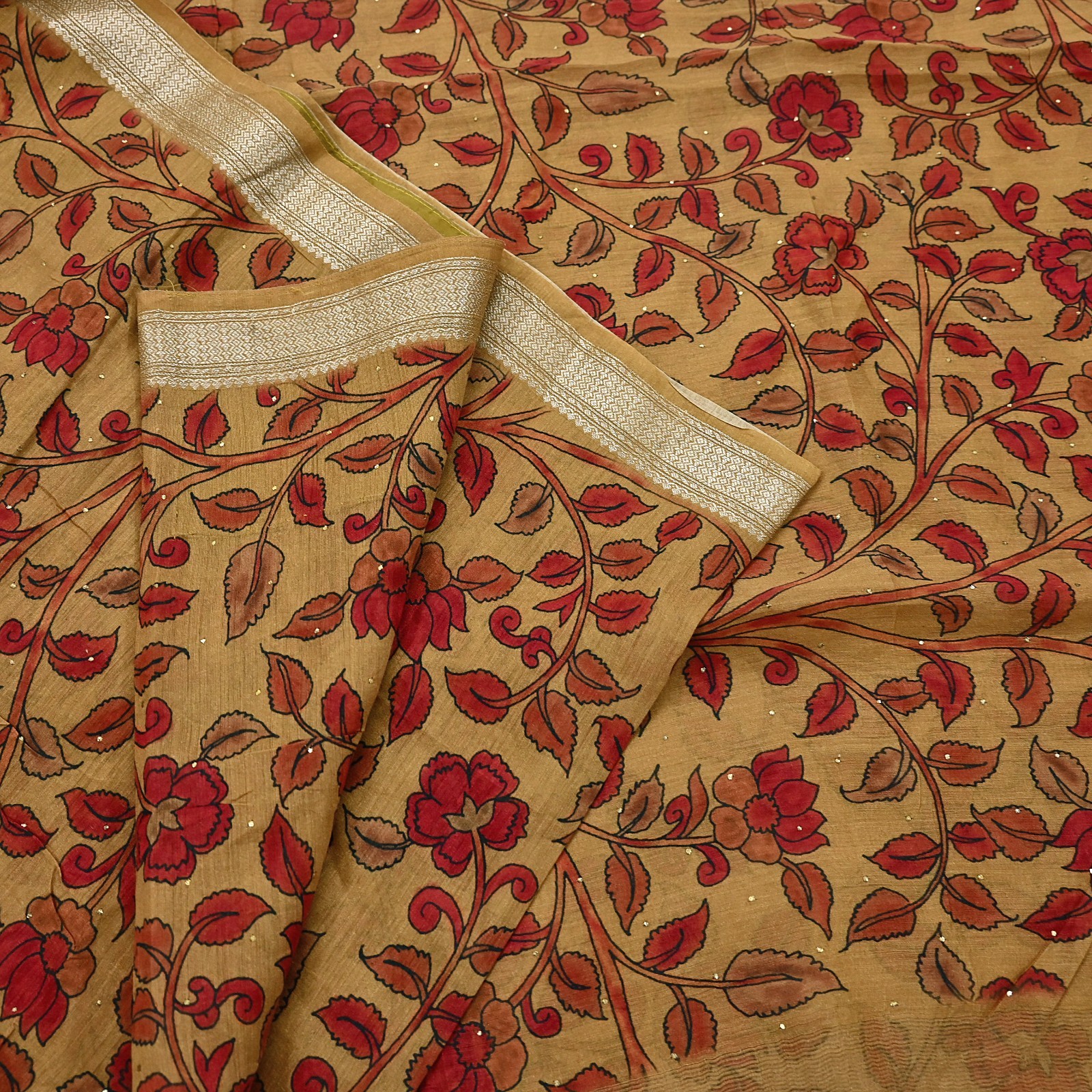 Indian Vintage Sari Pure chanderi Silk Kalamkari Print Saree Craft Fabric 5Yd