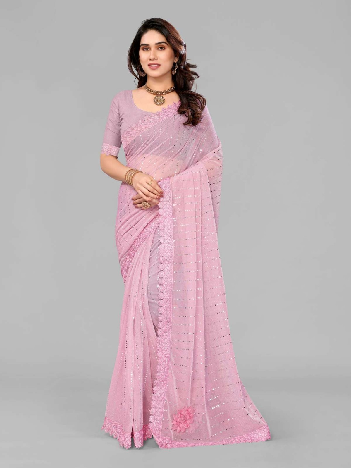Embellished Bollywood Lycra Blend Saree with Unstitched Blouse (Pink)