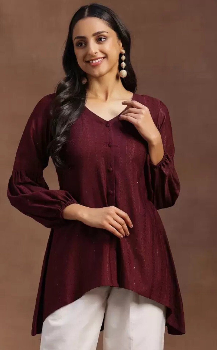 Women Tunic wear; Maroon Ethnic Motifs Assymetric Party wear Silk Tunic Kurti