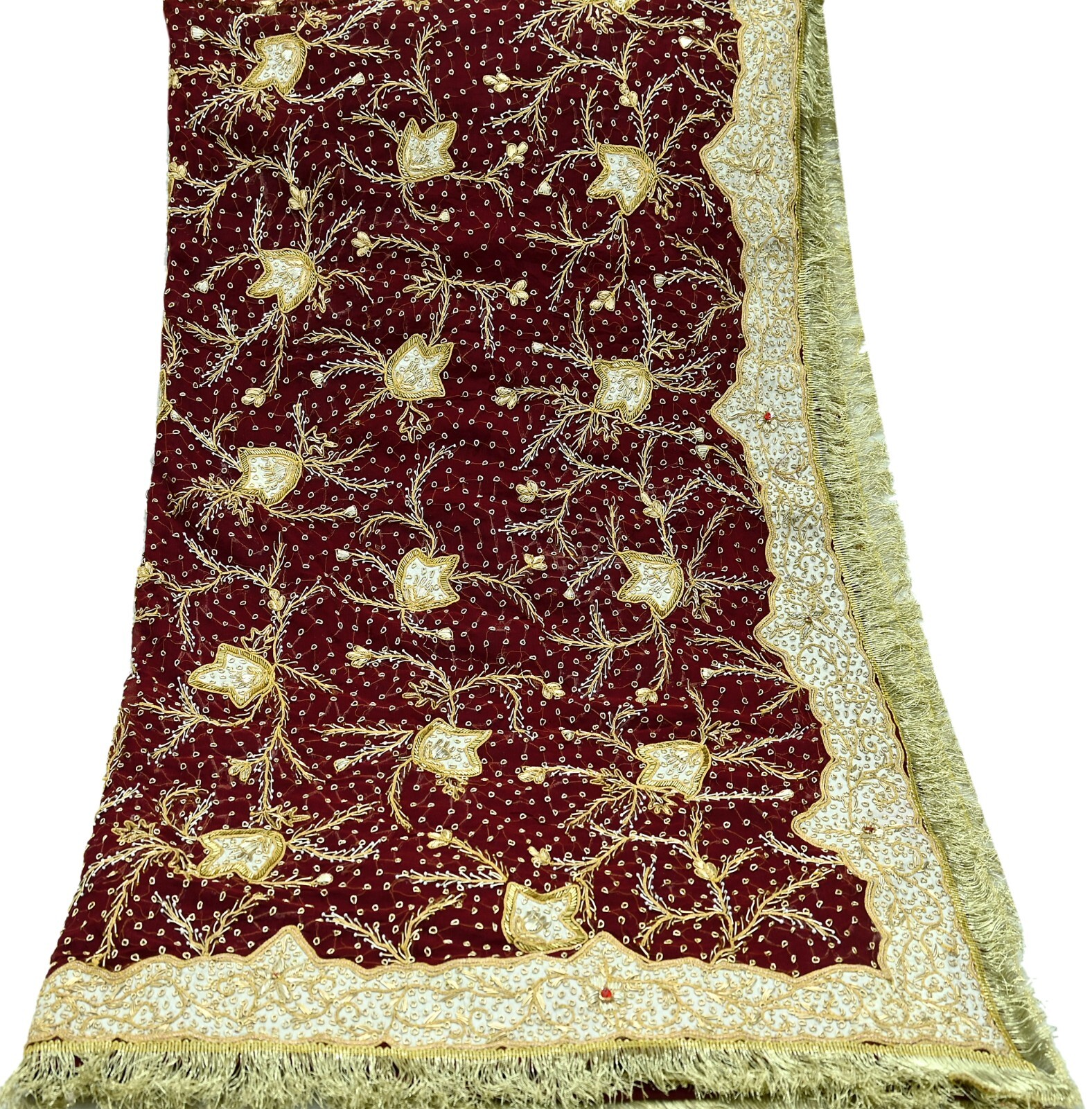 Vintage Heavy Bridal Dupatta Pure Chiffon Silk Long Stole Hand Embroidered Veil
