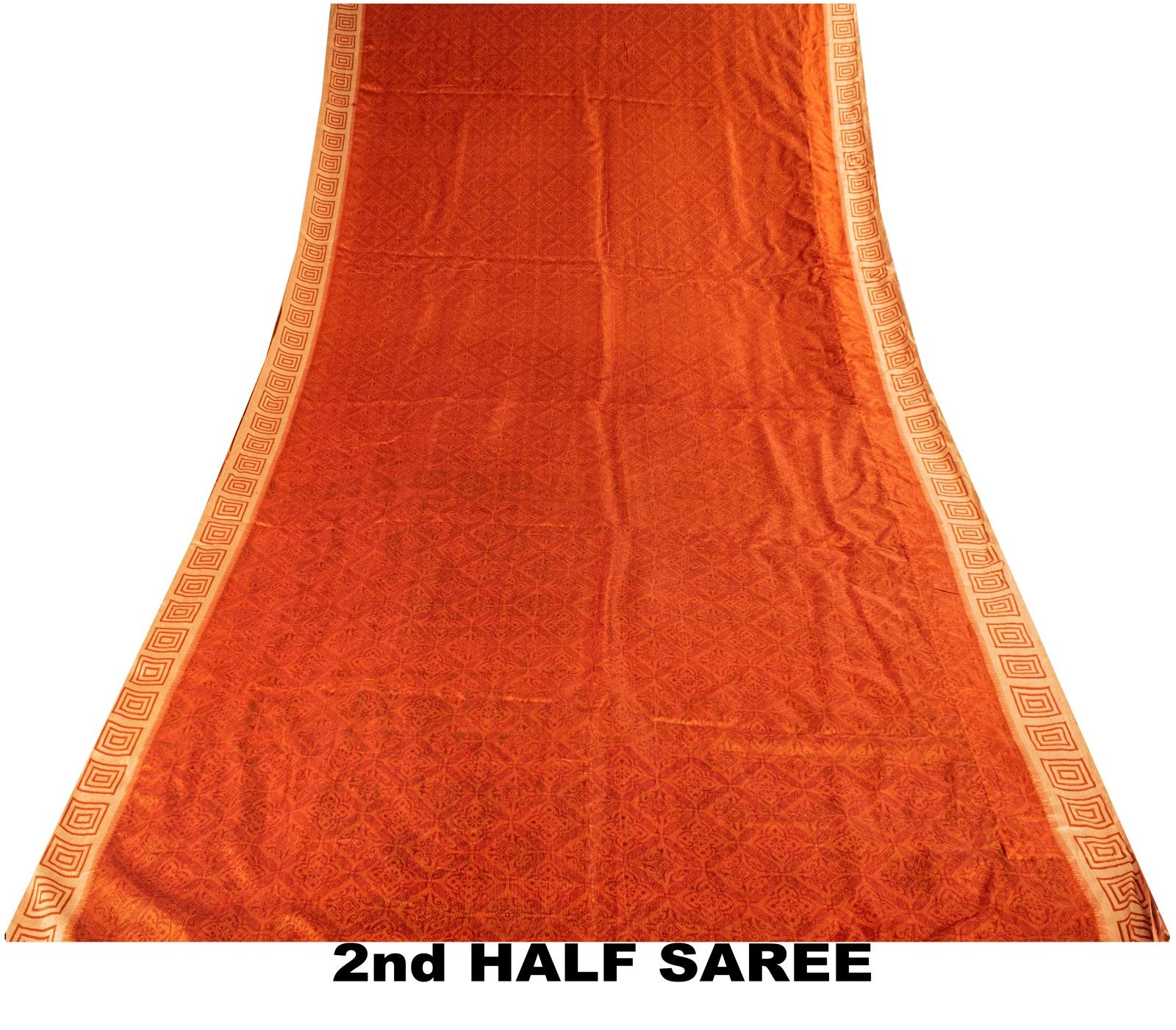 Sanskriti Vintage Orange Pure Silk Saree Geometric Print 6Yard Sari Fabric Craft