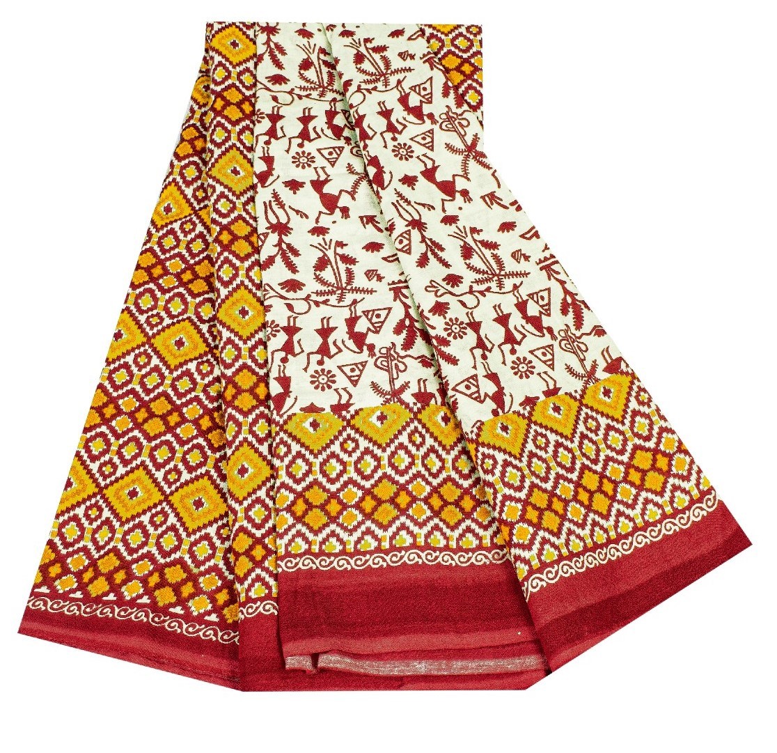 Sanskriti Vintage Saree Soft Red-Cream WarliArt Pure Cotton Geometric Print 5+Yd